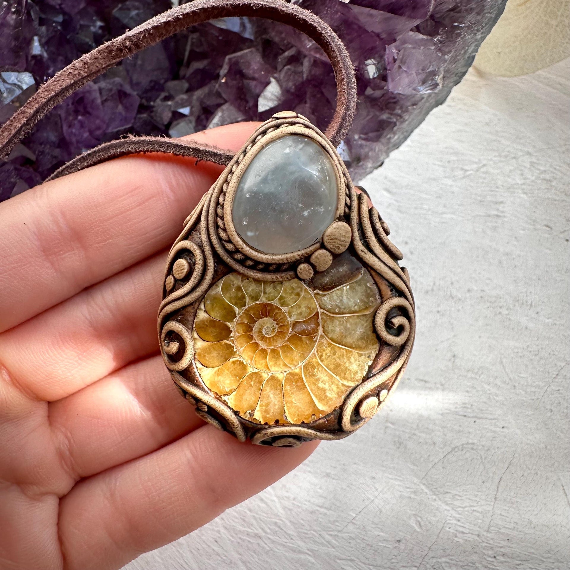Ammonite and Celestite Pendant Necklace - FairyGardenGlow