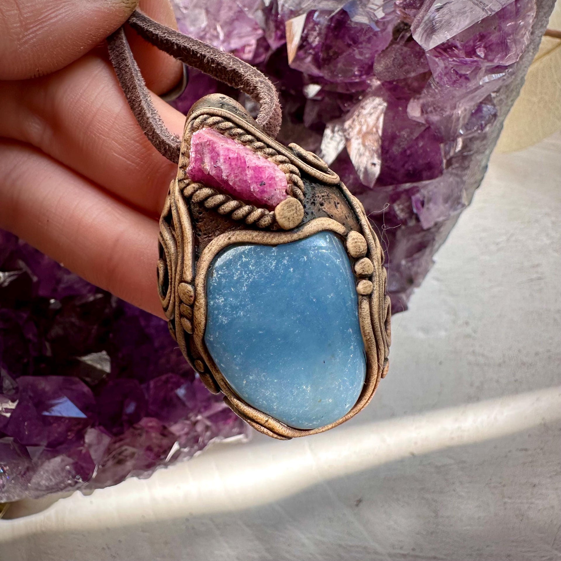 Angelite and Raw Ruby Necklace - FairyGardenGlow