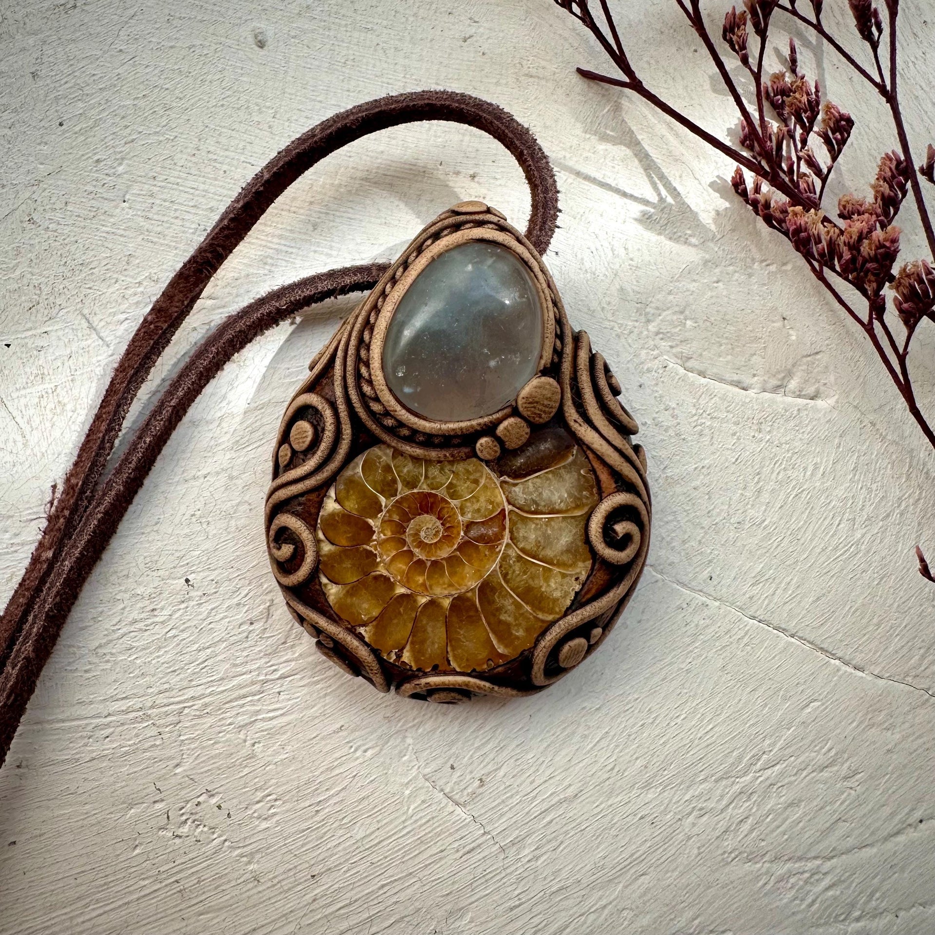 Ammonite and Celestite Pendant Necklace - FairyGardenGlow