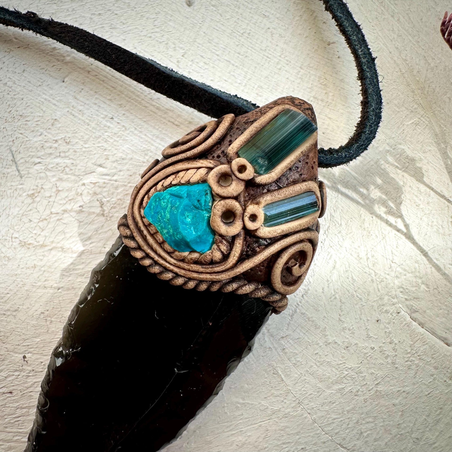 Black Obsidian Arrowhead Raw Chrysocolla and Blue Tourmaline Necklace - FairyGardenGlow