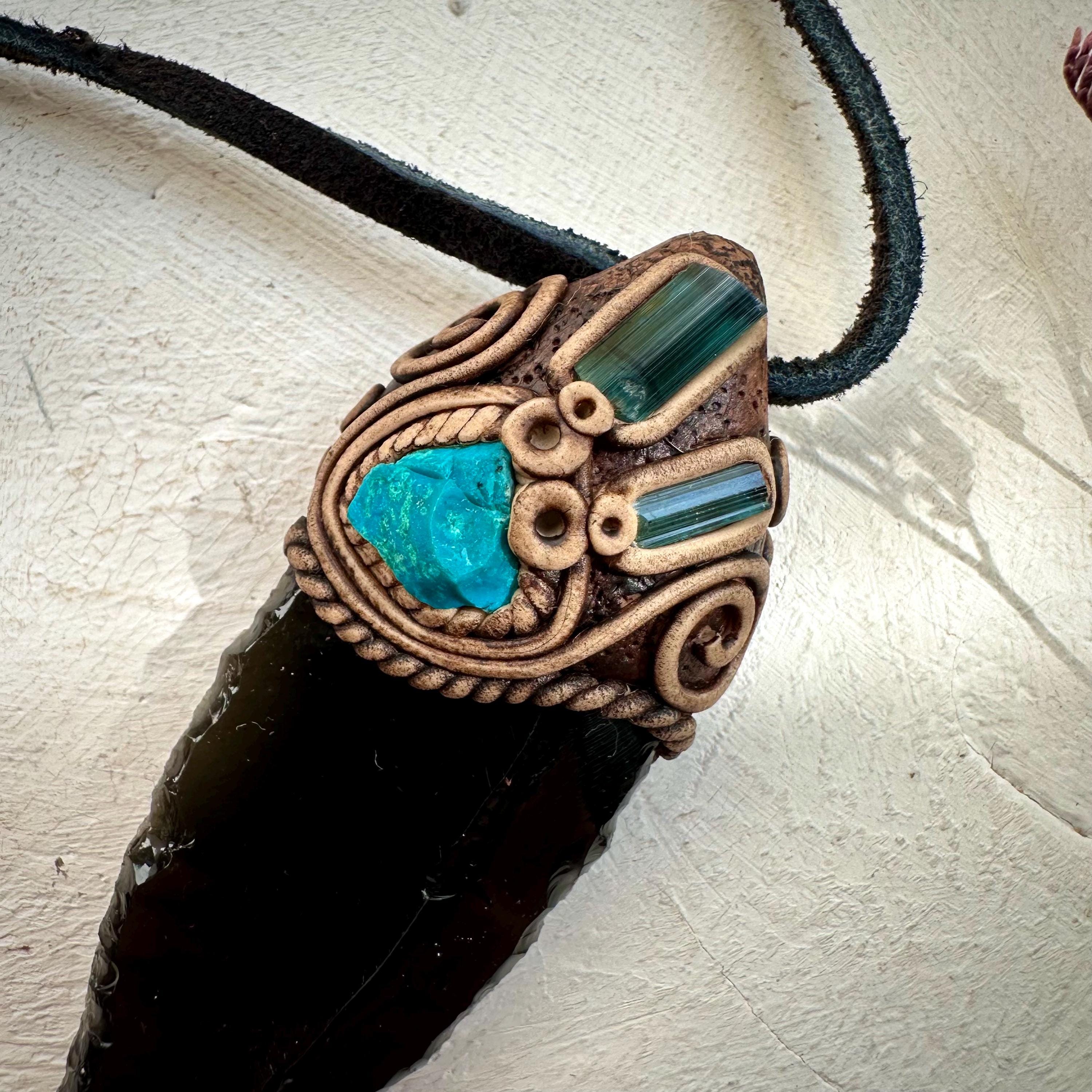 Black Obsidian Arrowhead Raw Chrysocolla and Blue Tourmaline Necklace - FairyGardenGlow