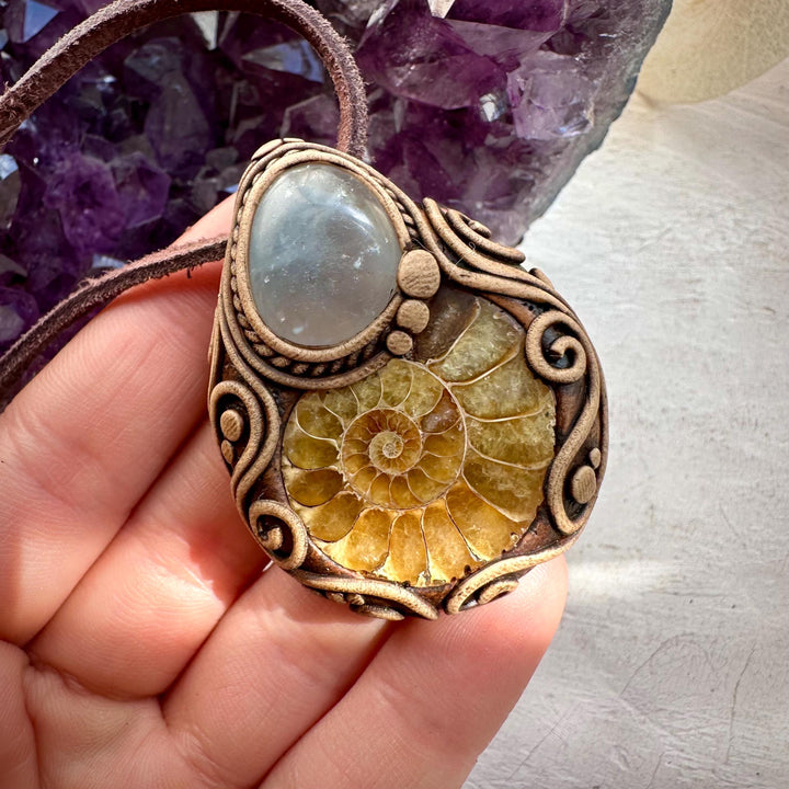 Ammonite and Celestite Pendant Necklace - FairyGardenGlow