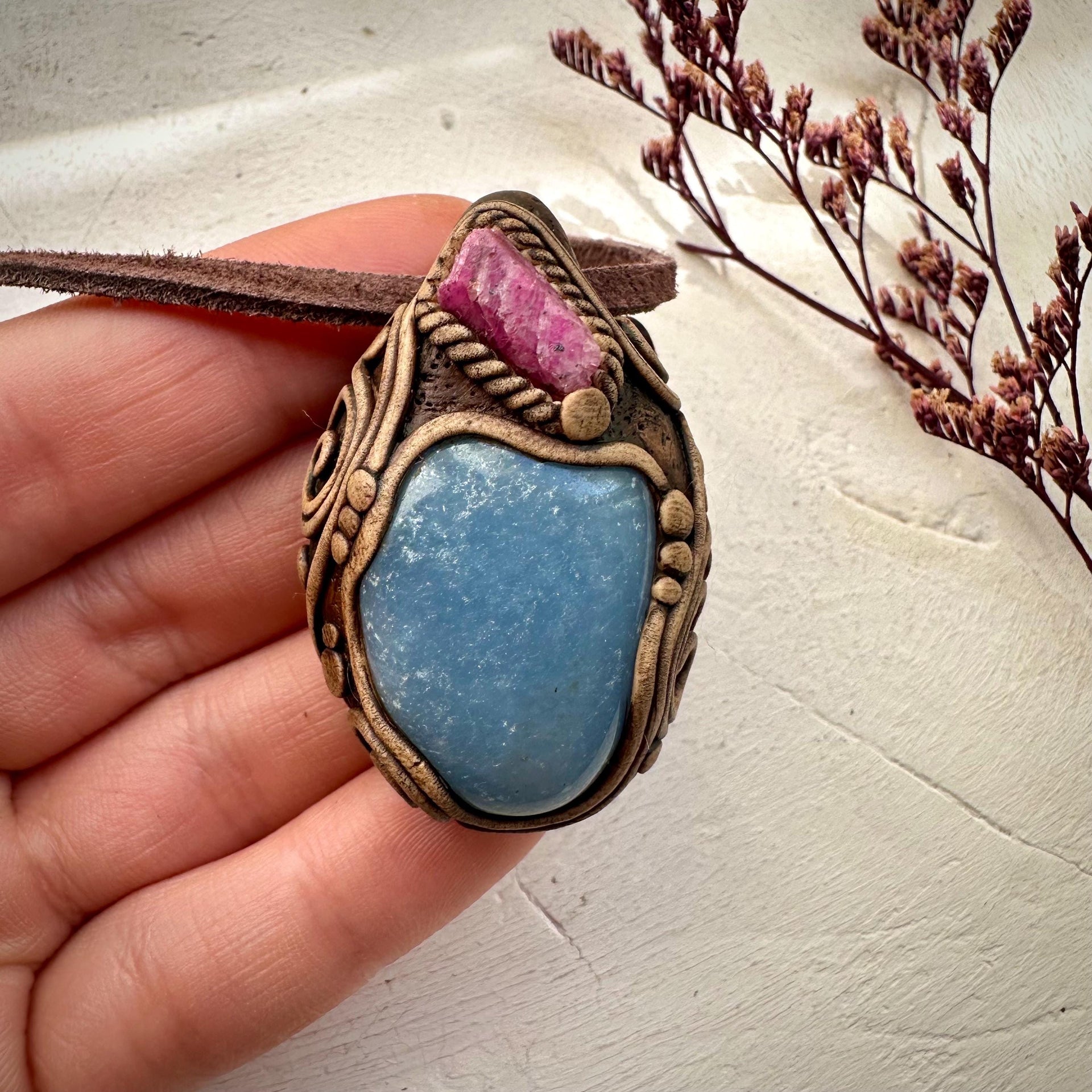 Angelite and Raw Ruby Necklace - FairyGardenGlow