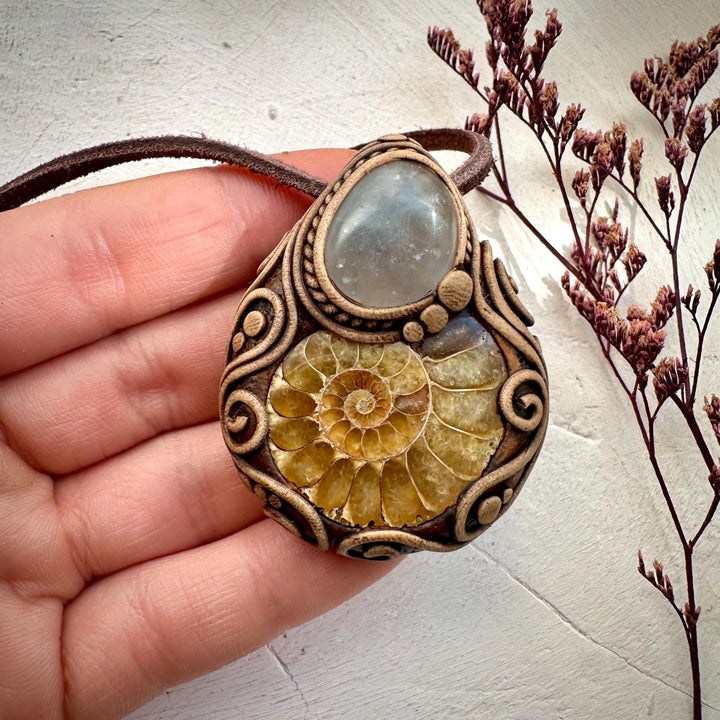 Ammonite and Celestite Pendant Necklace - FairyGardenGlow