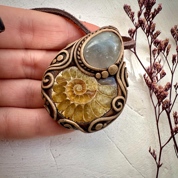 Ammonite and Celestite Pendant Necklace - FairyGardenGlow