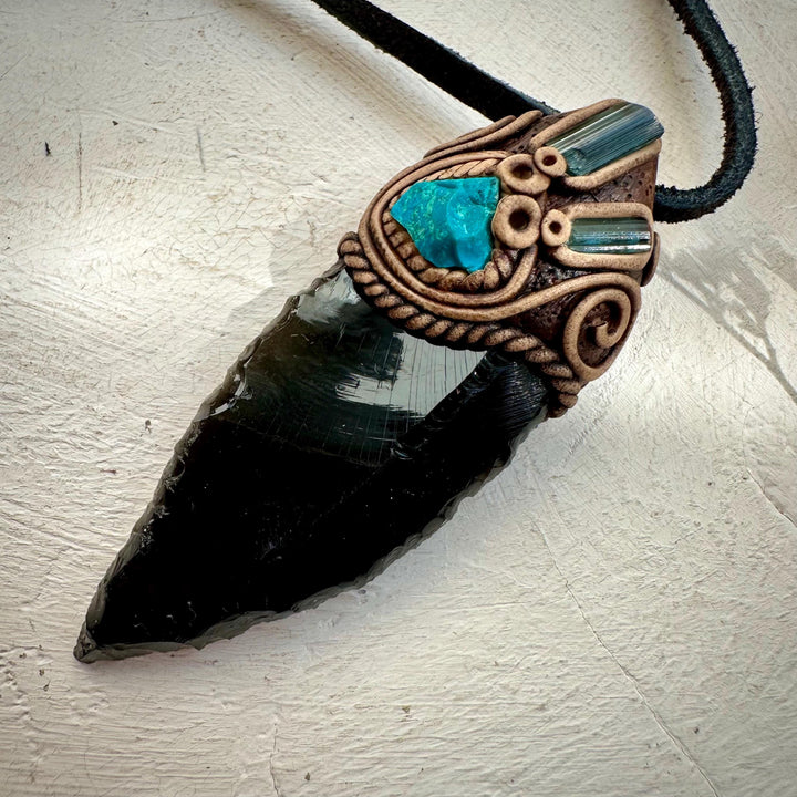 Black Obsidian Arrowhead Raw Chrysocolla and Blue Tourmaline Necklace - FairyGardenGlow
