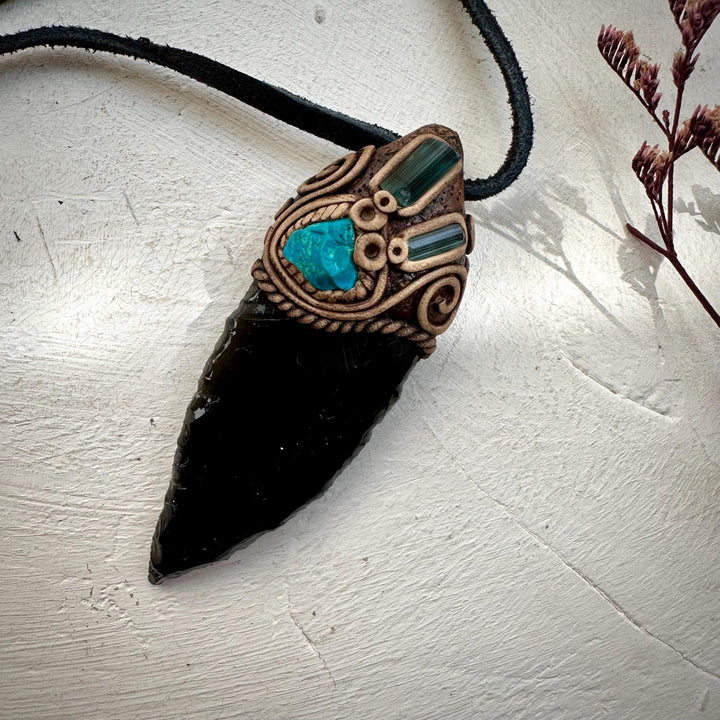 Black Obsidian Arrowhead Raw Chrysocolla and Blue Tourmaline Necklace - FairyGardenGlow