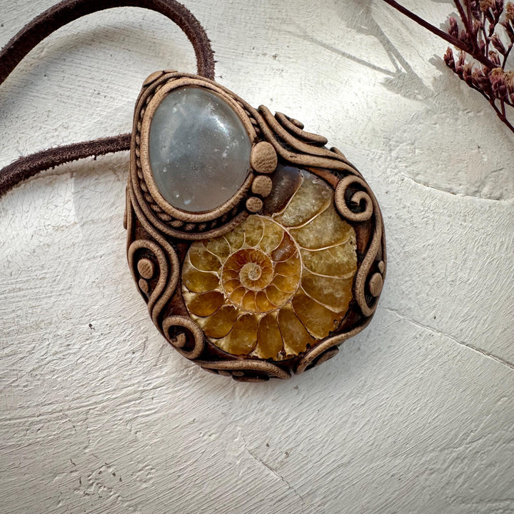Ammonite and Celestite Pendant Necklace - FairyGardenGlow