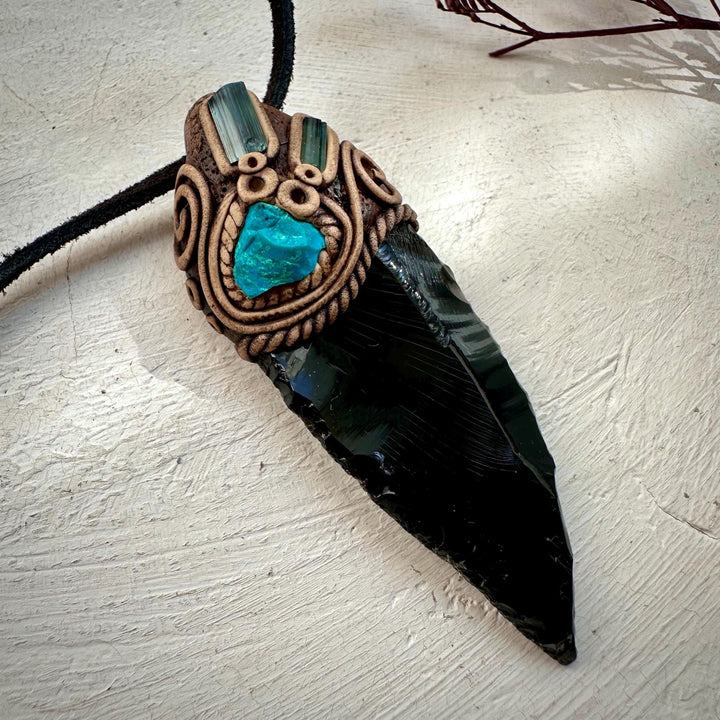 Black Obsidian Arrowhead Raw Chrysocolla and Blue Tourmaline Necklace - FairyGardenGlow