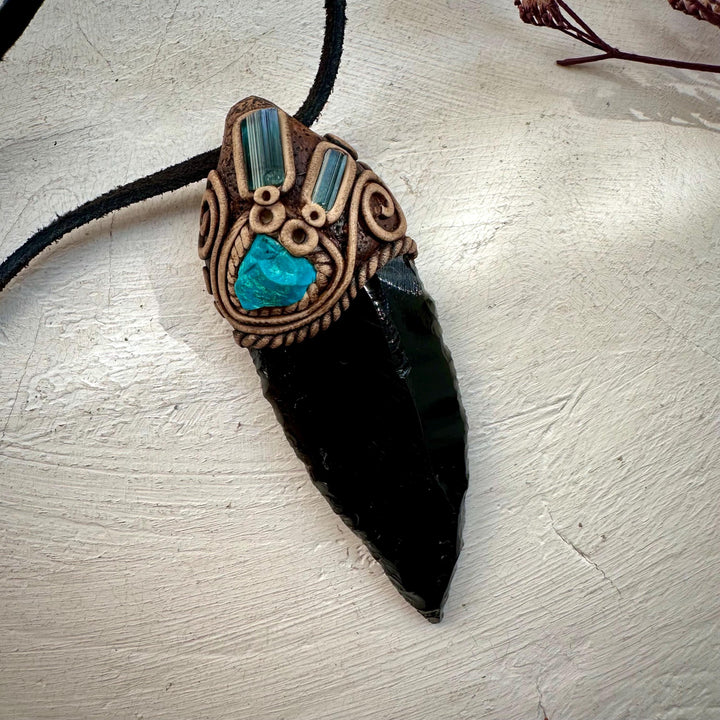 Black Obsidian Arrowhead Raw Chrysocolla and Blue Tourmaline Necklace - FairyGardenGlow