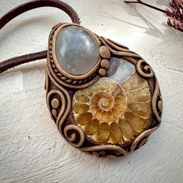 Ammonite and Celestite Pendant Necklace - FairyGardenGlow