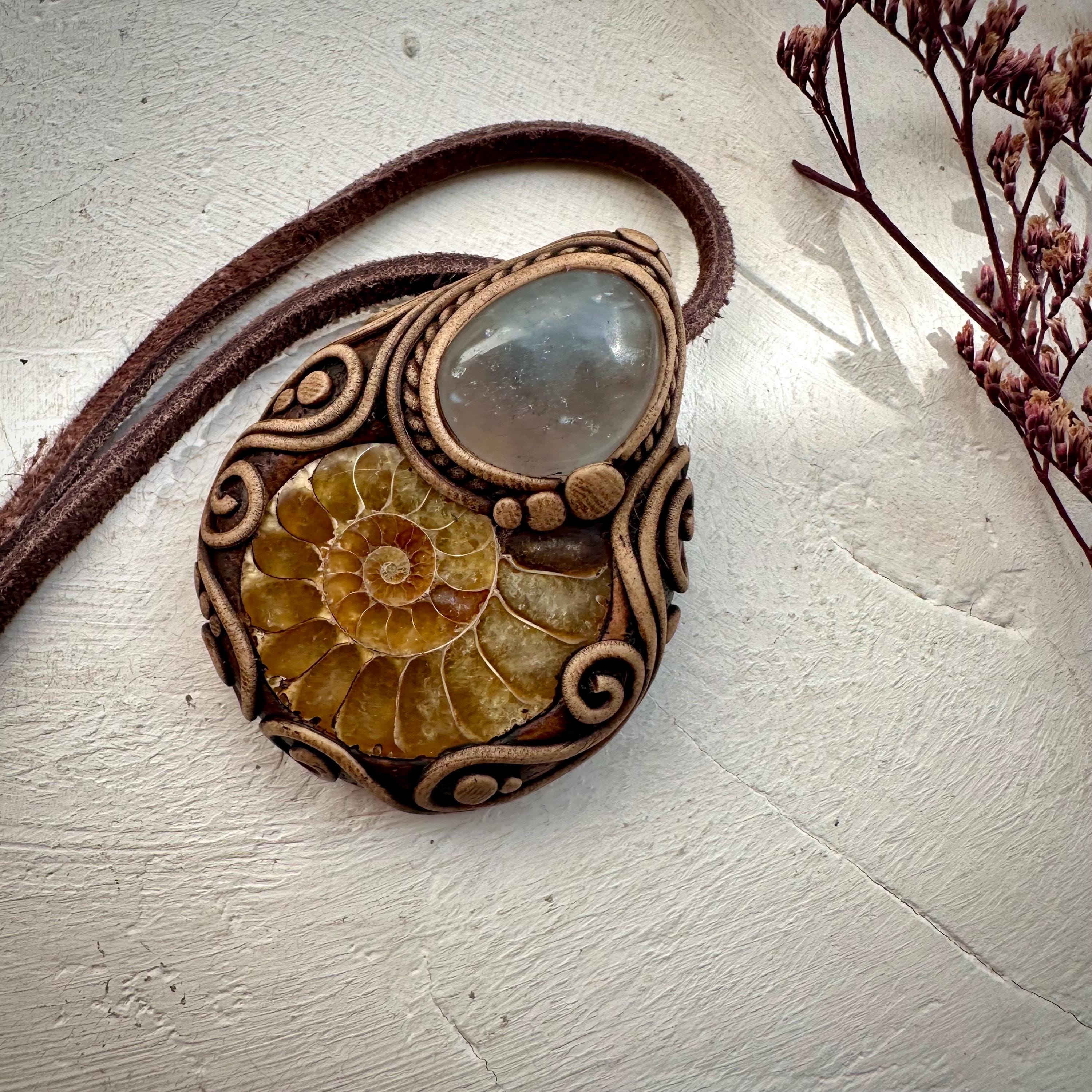 Ammonite and Celestite Pendant Necklace - FairyGardenGlow