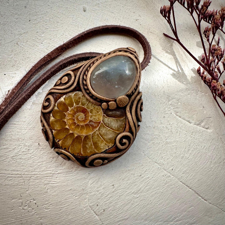 Ammonite and Celestite Pendant Necklace - FairyGardenGlow
