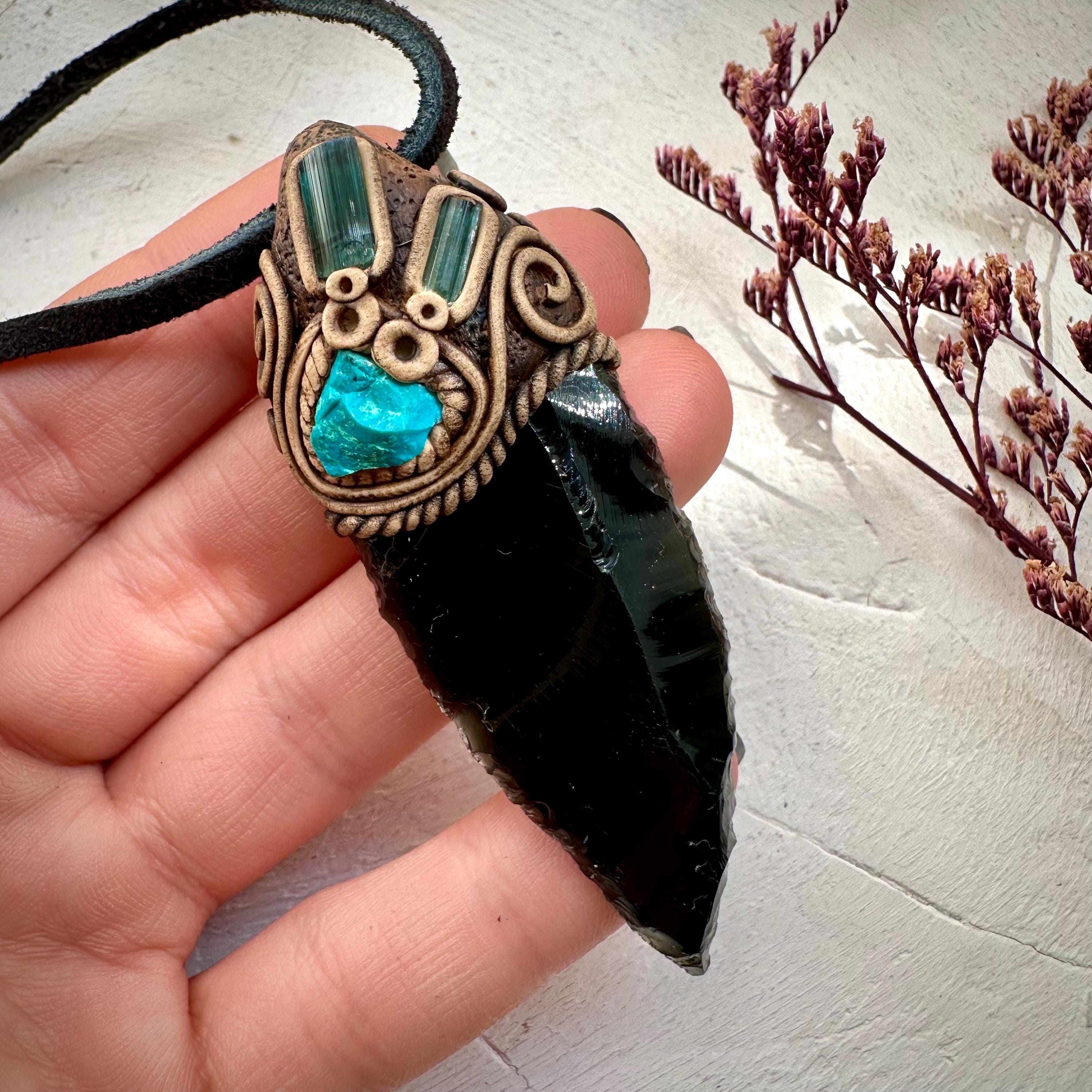 Black Obsidian Arrowhead Raw Chrysocolla and Blue Tourmaline Necklace - FairyGardenGlow