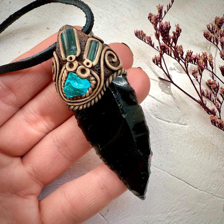 Black Obsidian Arrowhead Raw Chrysocolla and Blue Tourmaline Necklace - FairyGardenGlow