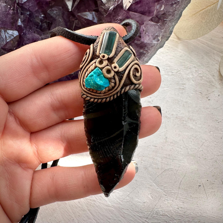 Black Obsidian Arrowhead Raw Chrysocolla and Blue Tourmaline Necklace - FairyGardenGlow