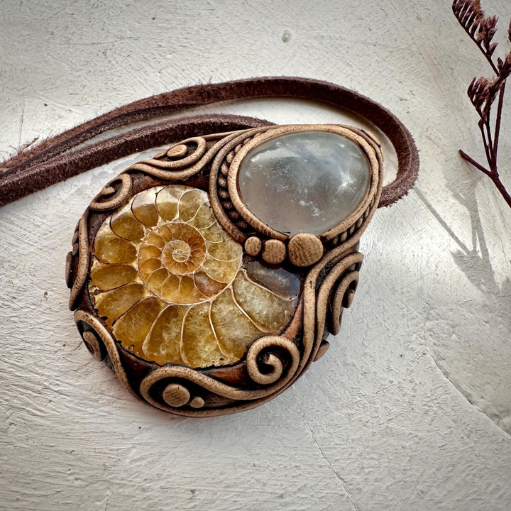 Ammonite and Celestite Pendant Necklace - FairyGardenGlow