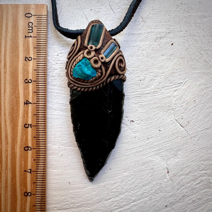 Black Obsidian Arrowhead Raw Chrysocolla and Blue Tourmaline Necklace - FairyGardenGlow