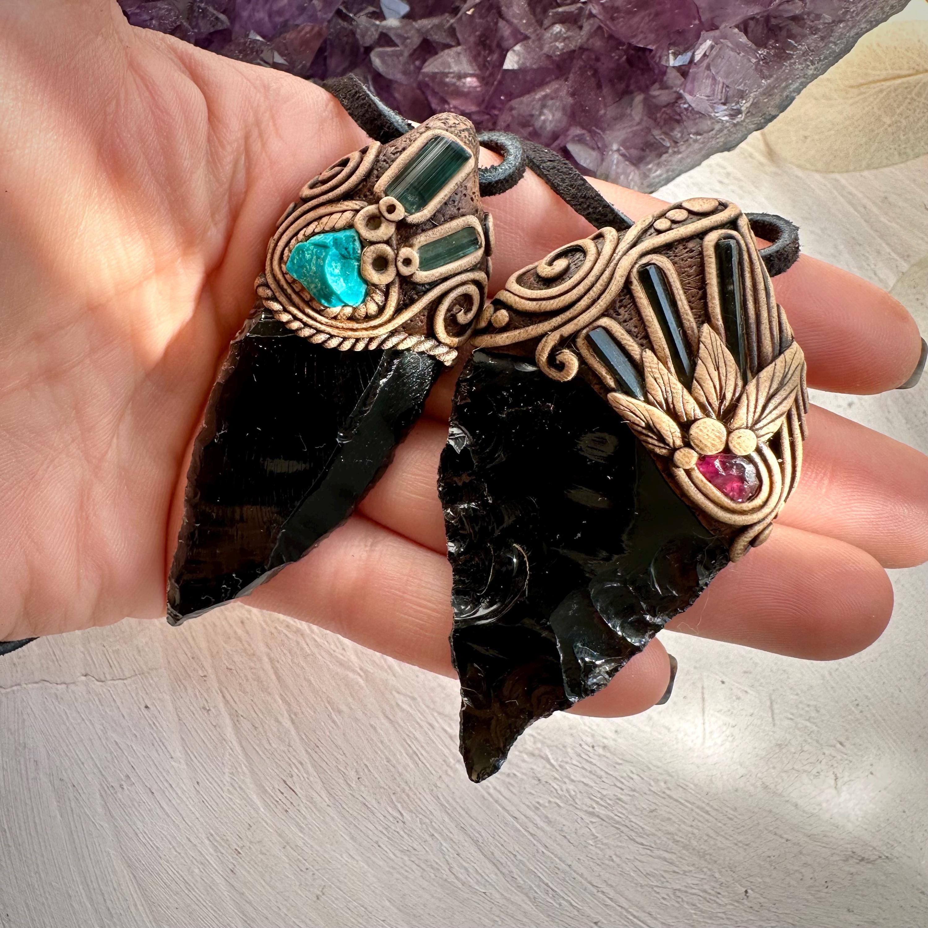 Black Obsidian Arrowhead Raw Chrysocolla and Blue Tourmaline Necklace - FairyGardenGlow