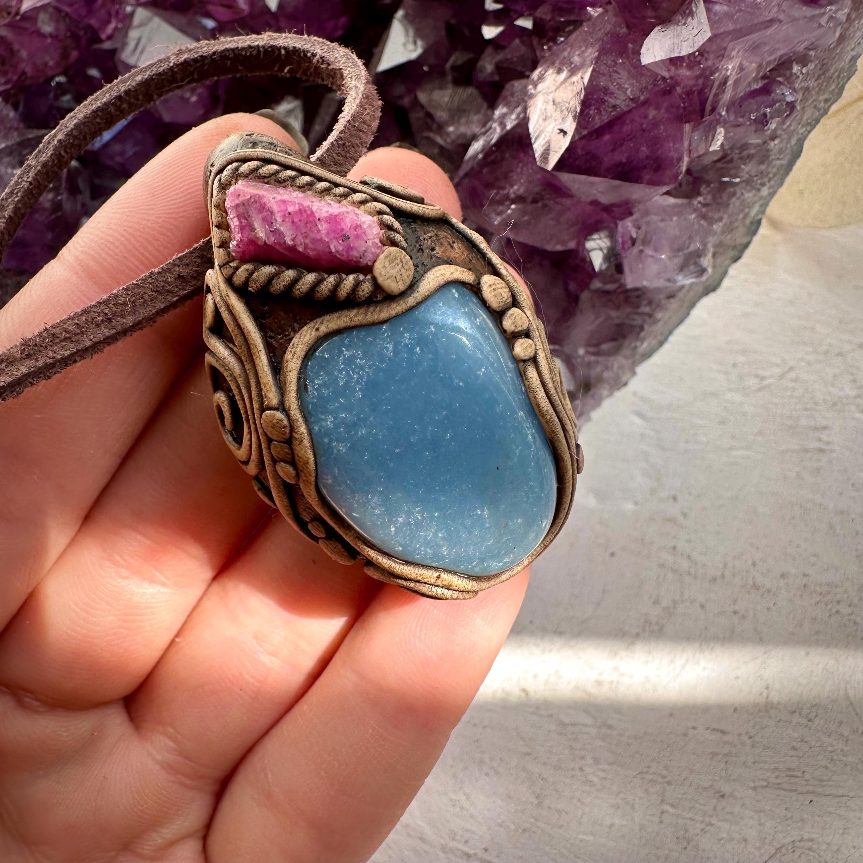 Angelite and Raw Ruby Necklace - FairyGardenGlow