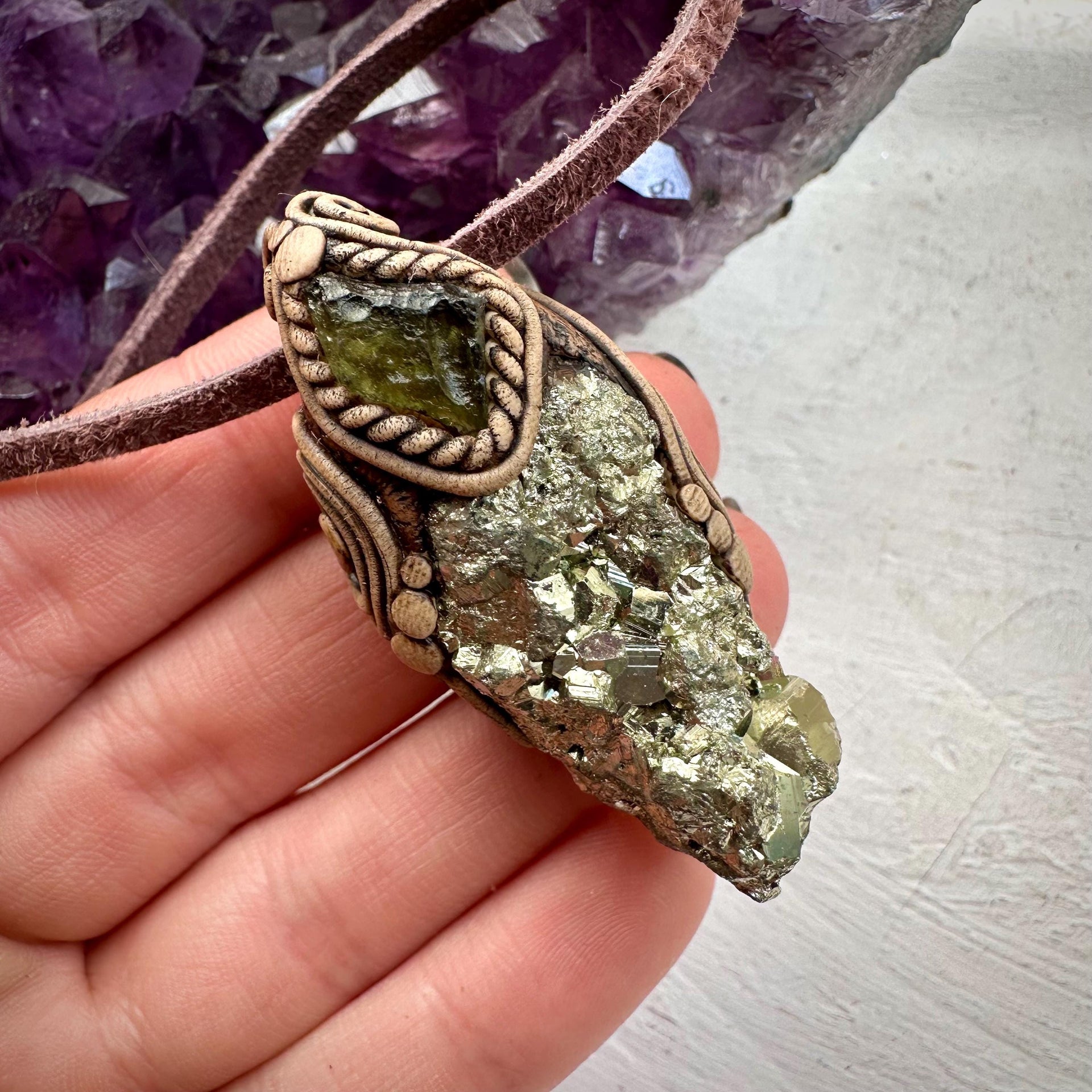 Pyrite and Moldavite Necklace - FairyGardenGlow