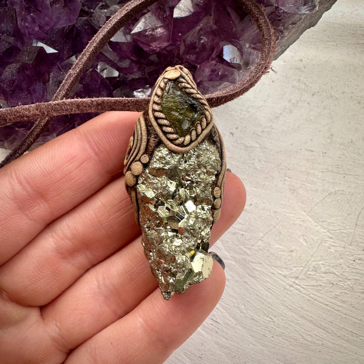Pyrite and Moldavite Necklace - FairyGardenGlow