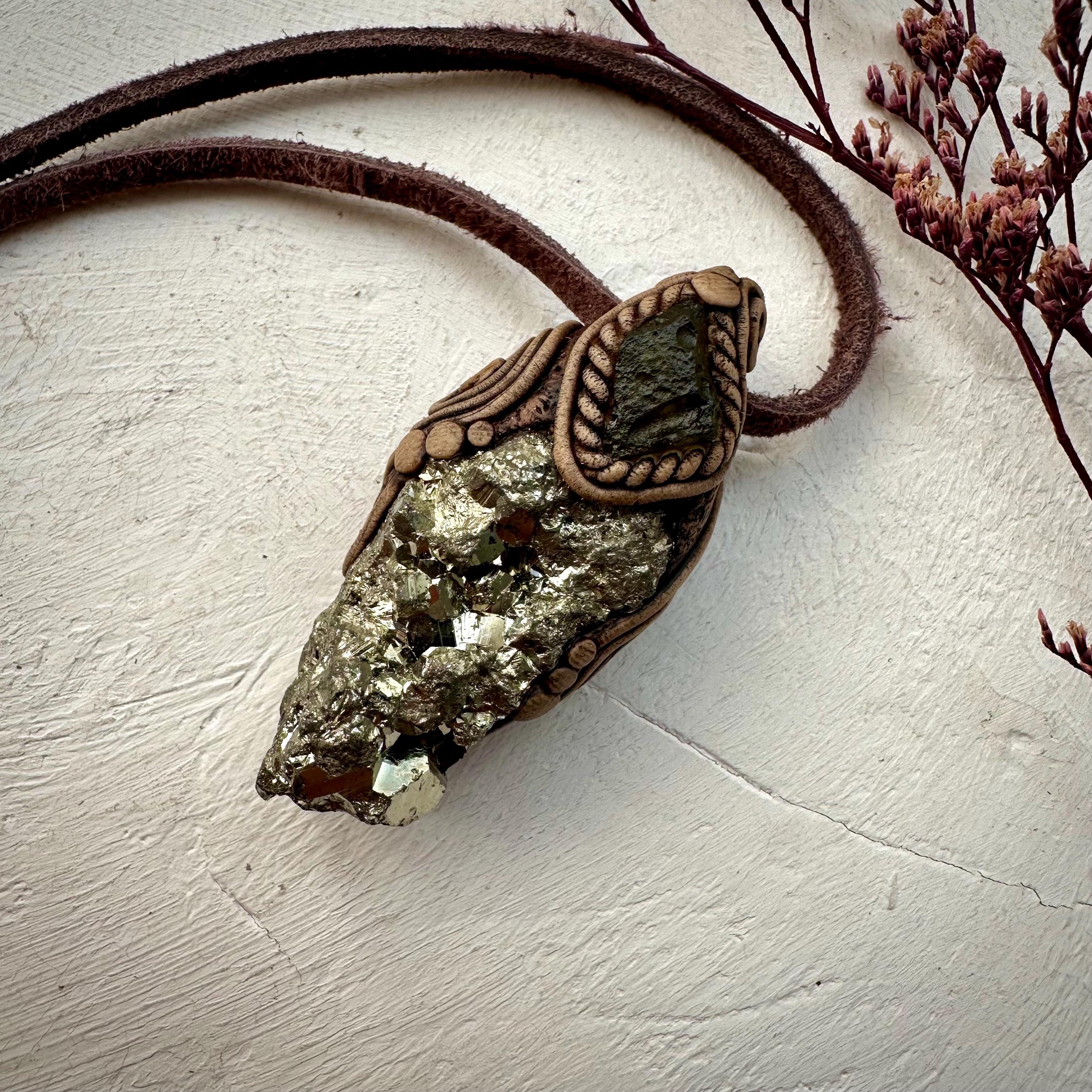 Pyrite and Moldavite Necklace - FairyGardenGlow