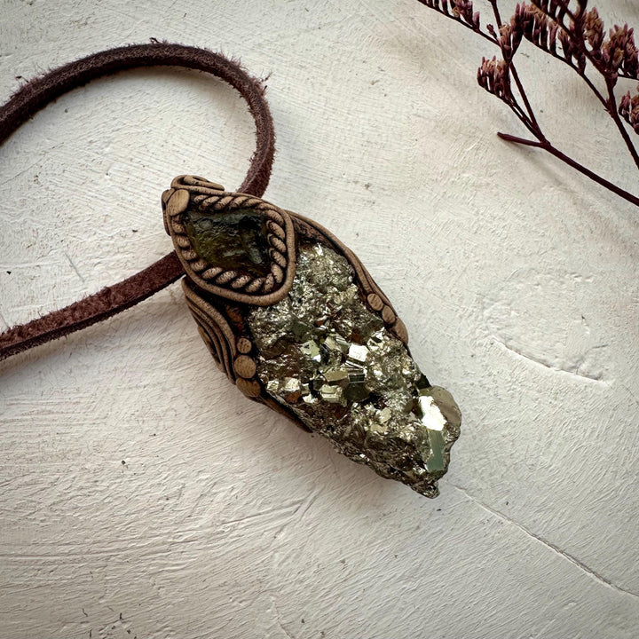 Pyrite and Moldavite Necklace - FairyGardenGlow