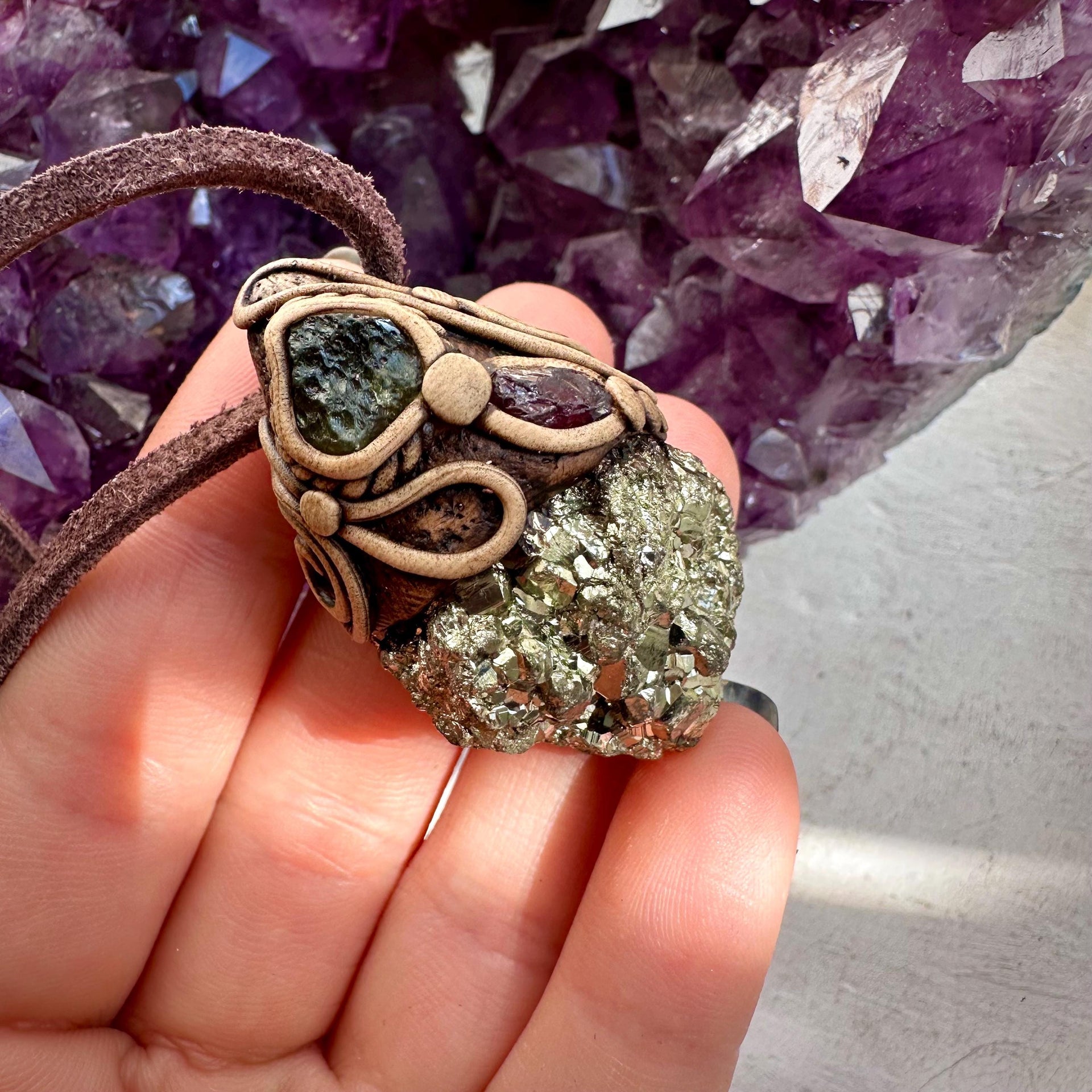 Pyrite Moldavite and Rhodolite Garnet Necklace - FairyGardenGlow