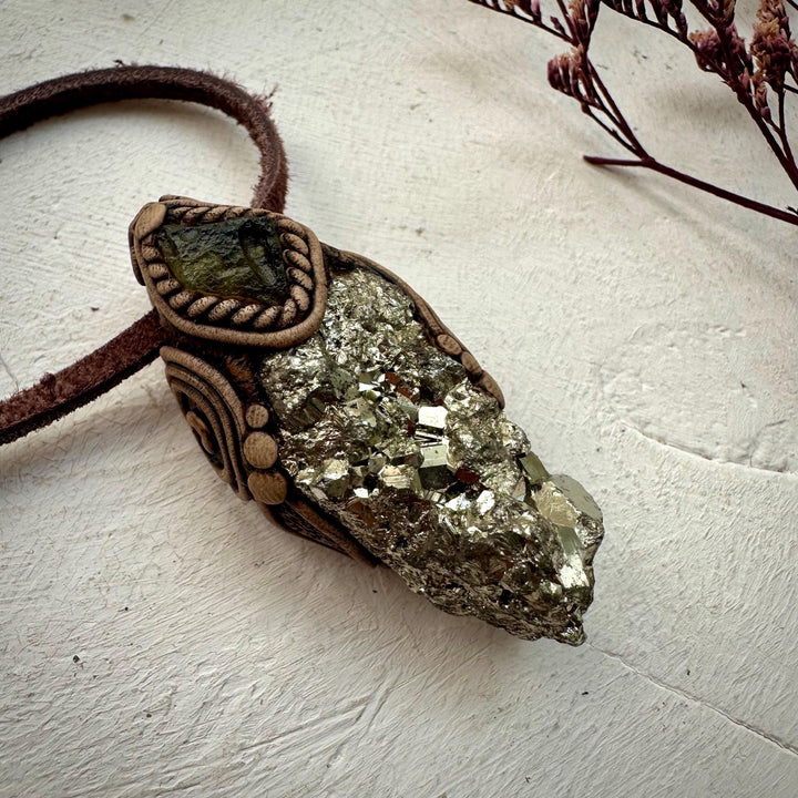 Pyrite and Moldavite Necklace - FairyGardenGlow
