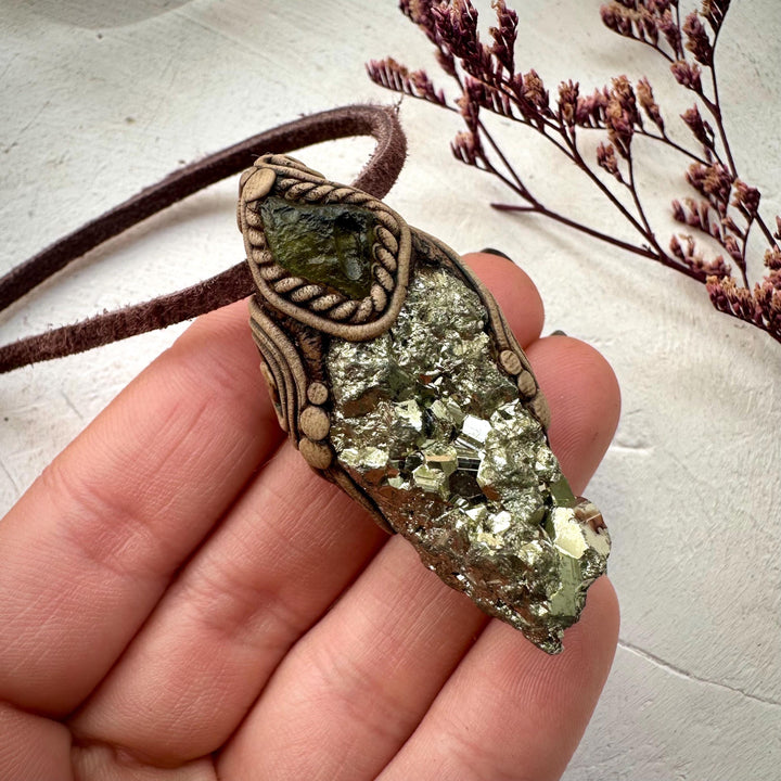 Pyrite and Moldavite Necklace - FairyGardenGlow