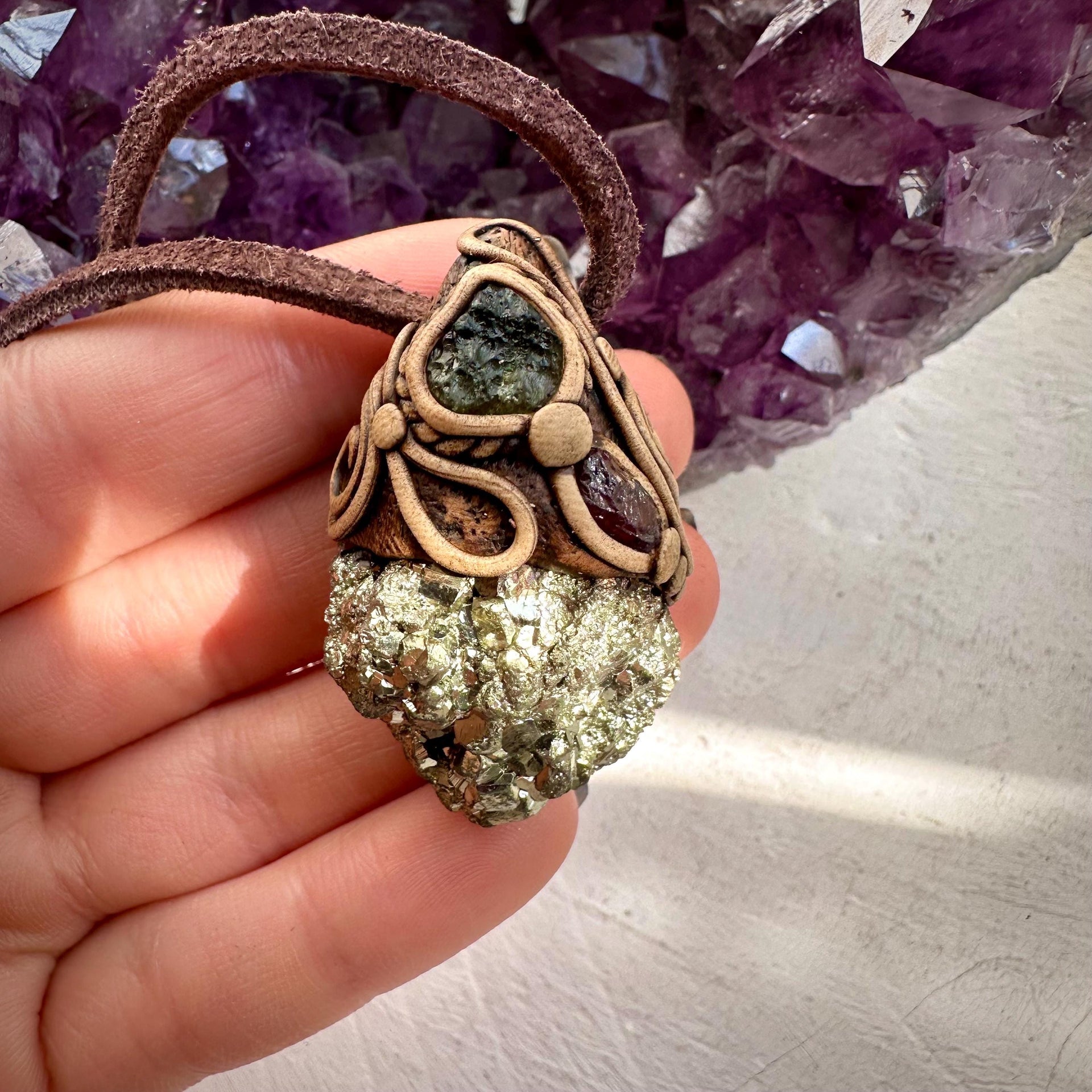 Pyrite Moldavite and Rhodolite Garnet Necklace - FairyGardenGlow