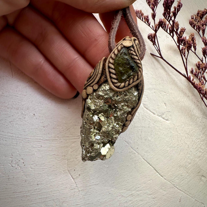Pyrite and Moldavite Necklace - FairyGardenGlow
