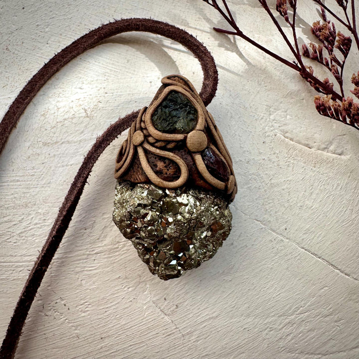 Pyrite Moldavite and Rhodolite Garnet Necklace - FairyGardenGlow