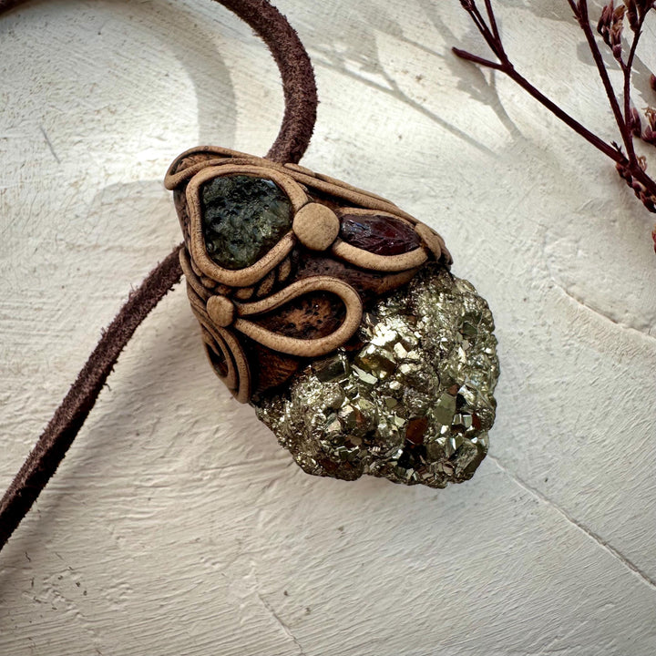 Pyrite Moldavite and Rhodolite Garnet Necklace - FairyGardenGlow