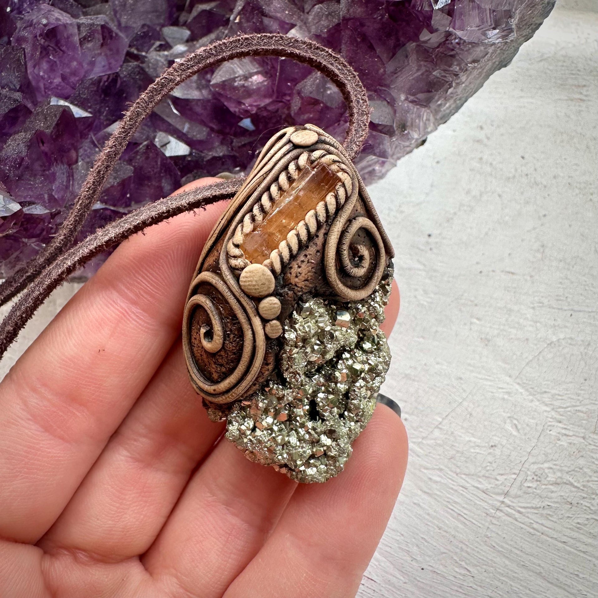 Pyrite and Imperial Topaz Pendant Necklace - FairyGardenGlow