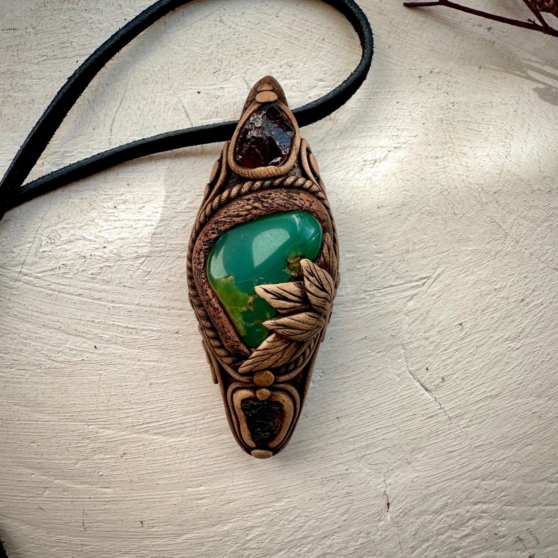 Chrysoprase Red Garnet and Moldavite Pendant - FairyGardenGlow