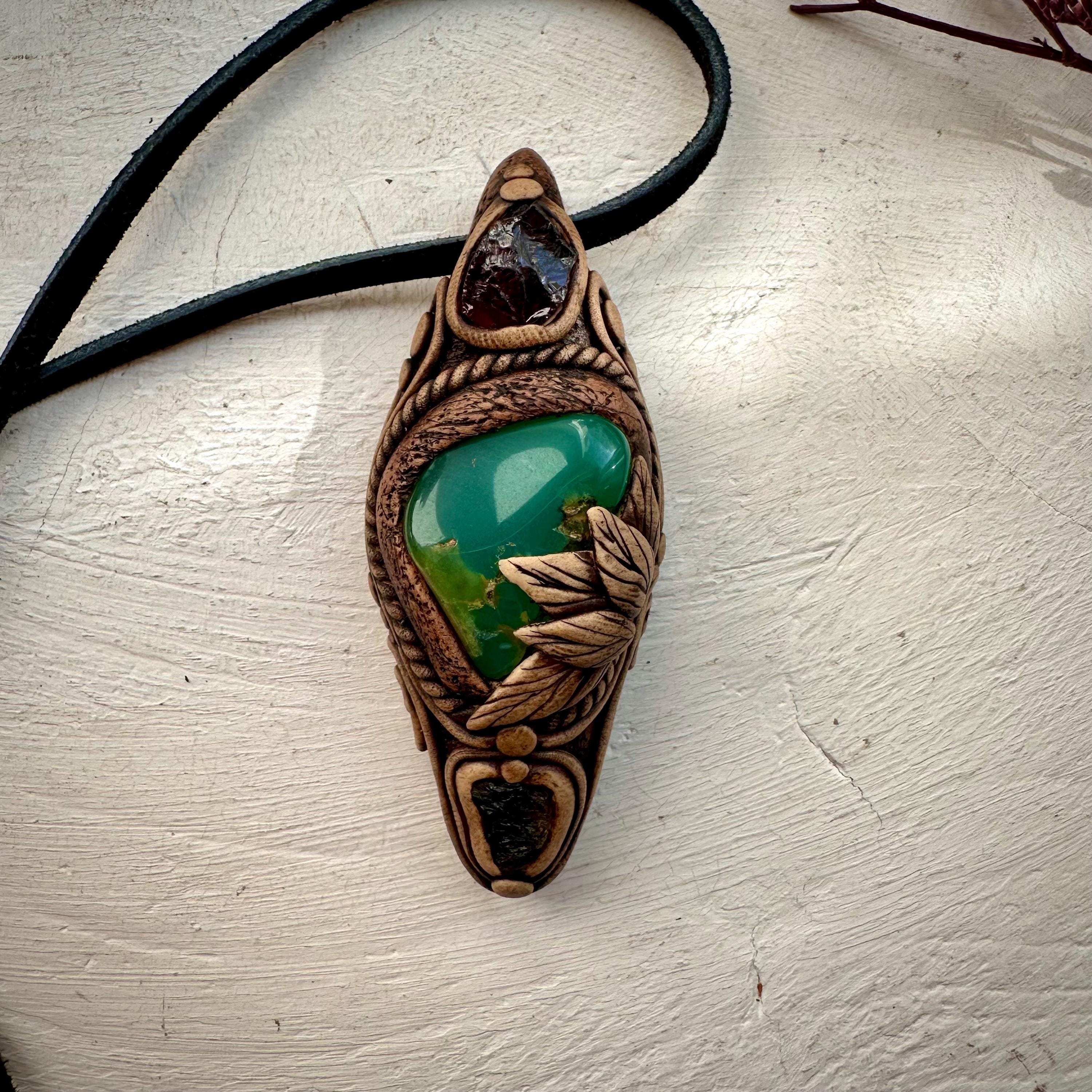 Chrysoprase Red Garnet and Moldavite Pendant - FairyGardenGlow