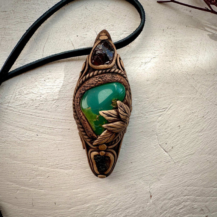 Chrysoprase Red Garnet and Moldavite Pendant - FairyGardenGlow