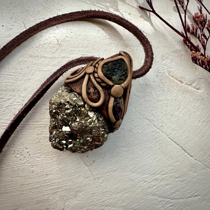 Pyrite Moldavite and Rhodolite Garnet Necklace - FairyGardenGlow