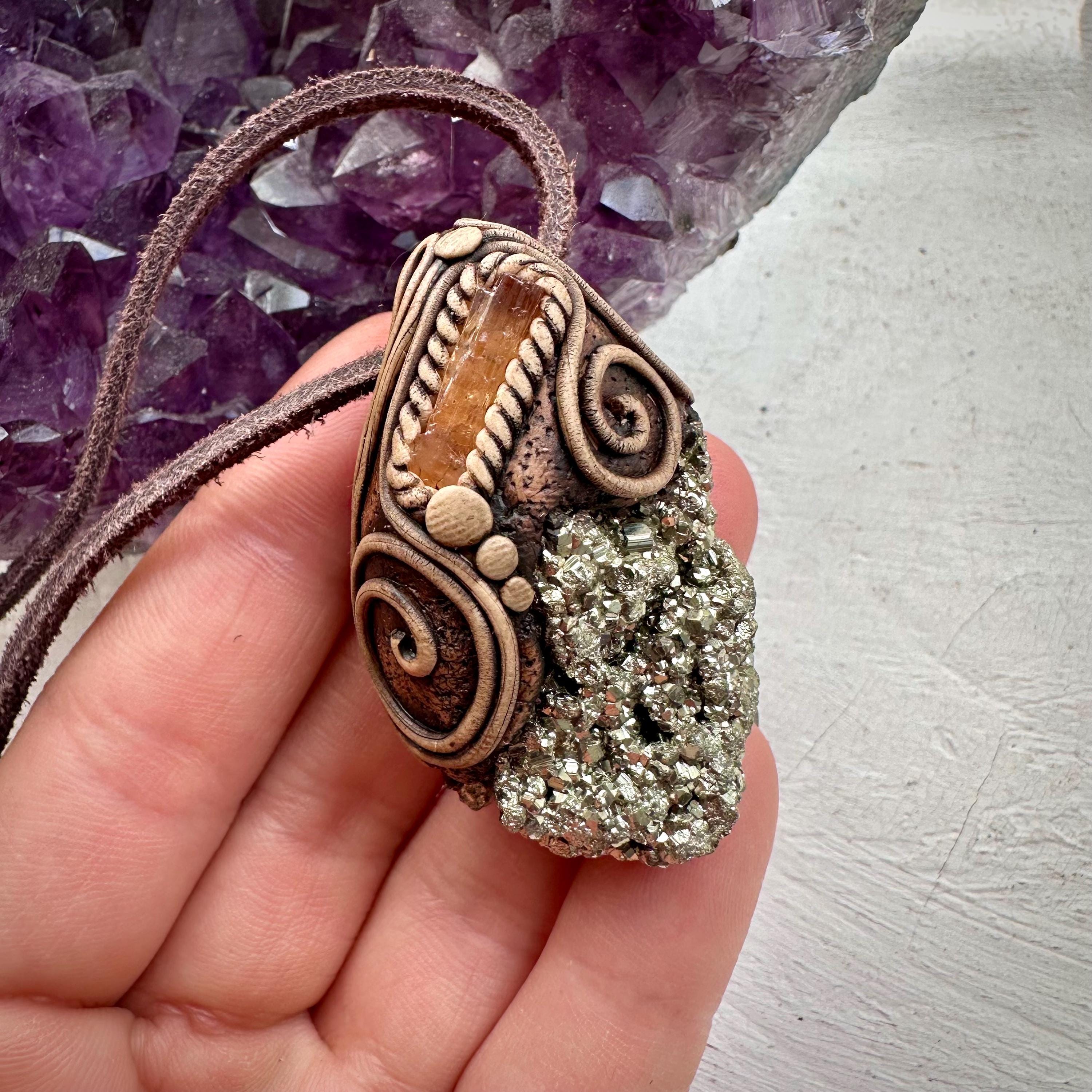 Pyrite and Imperial Topaz Pendant Necklace - FairyGardenGlow