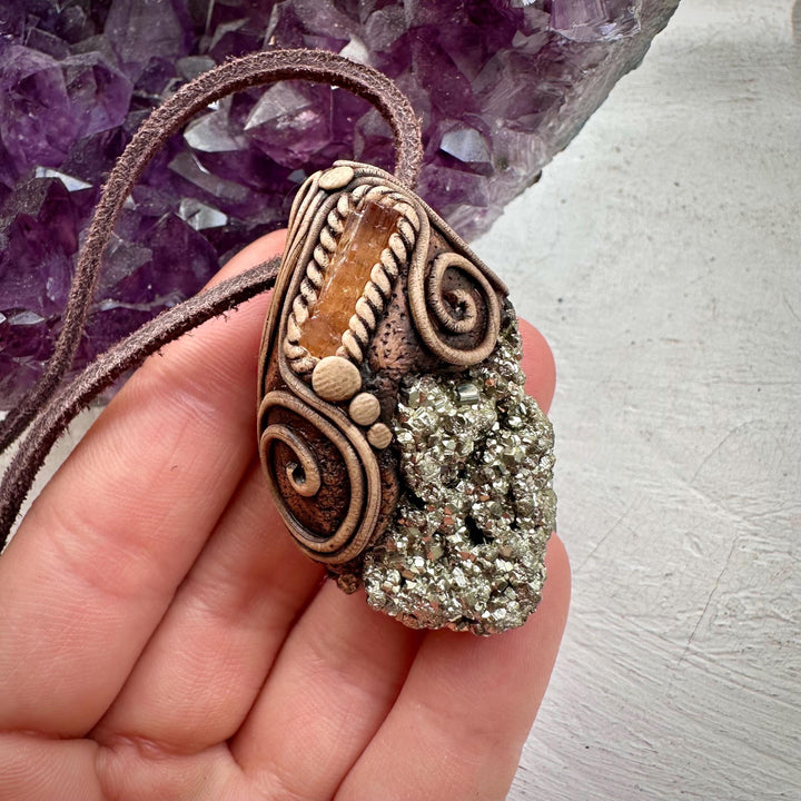 Pyrite and Imperial Topaz Pendant Necklace - FairyGardenGlow