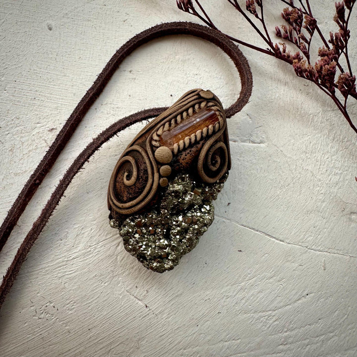 Pyrite and Imperial Topaz Pendant Necklace - FairyGardenGlow