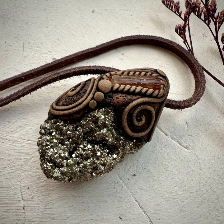Pyrite and Imperial Topaz Pendant Necklace - FairyGardenGlow