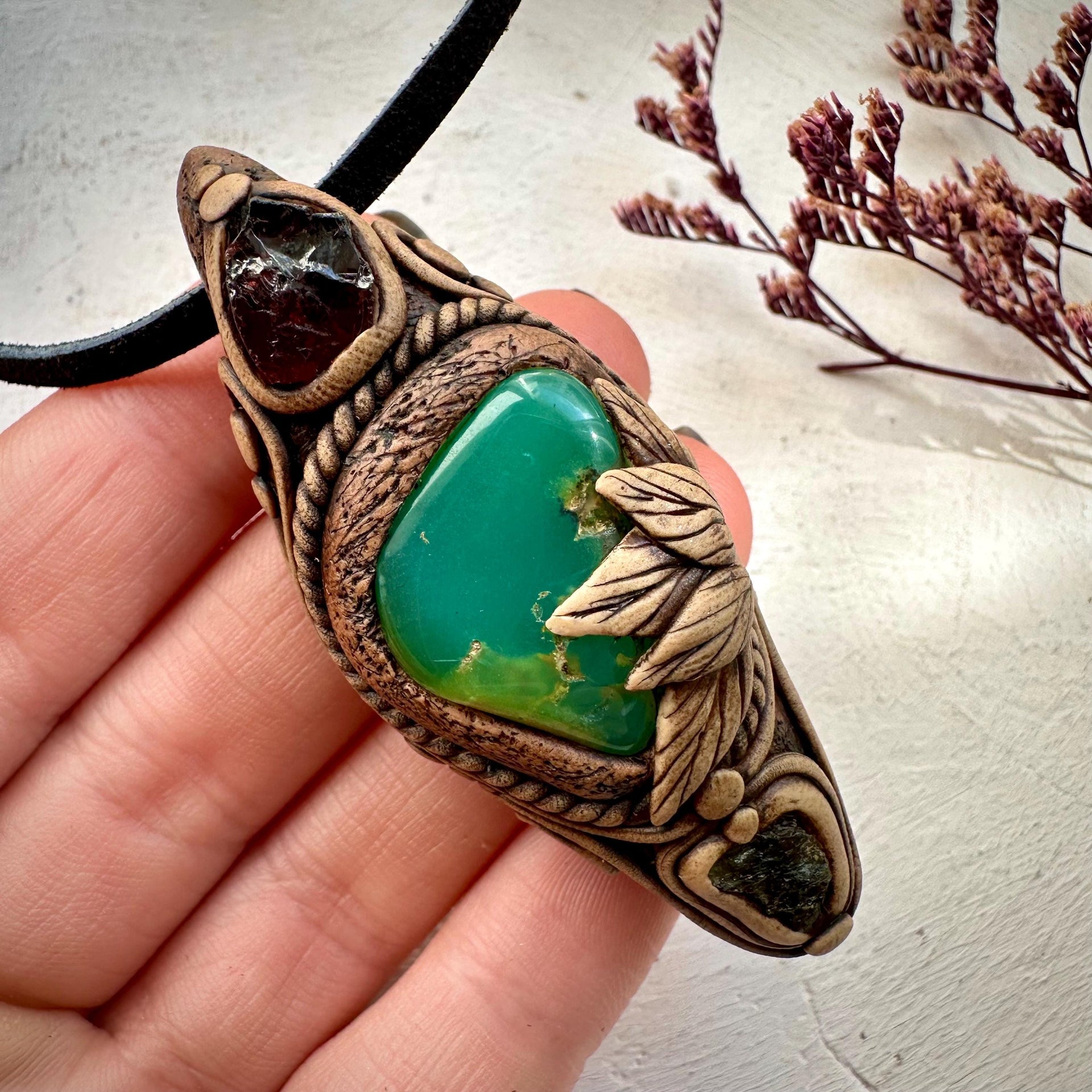 Chrysoprase Red Garnet and Moldavite Pendant - FairyGardenGlow