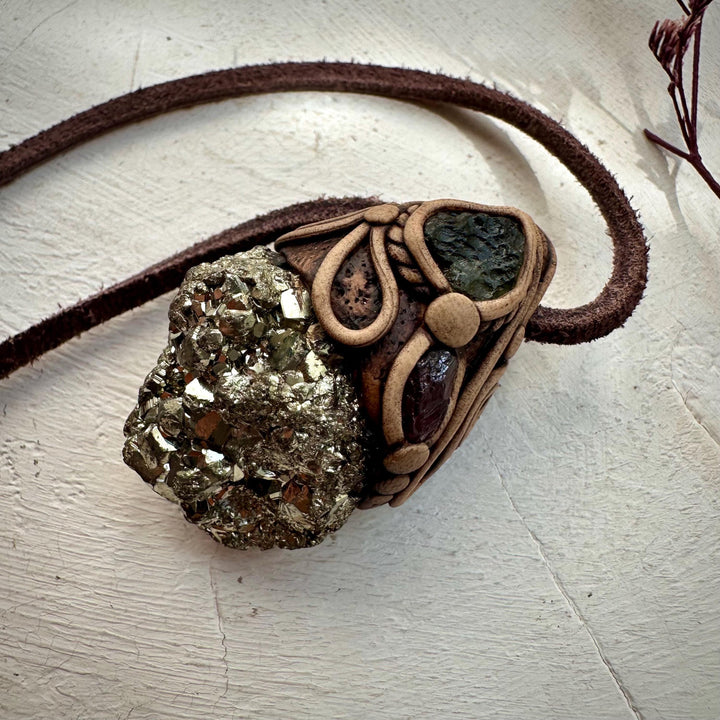 Pyrite Moldavite and Rhodolite Garnet Necklace - FairyGardenGlow