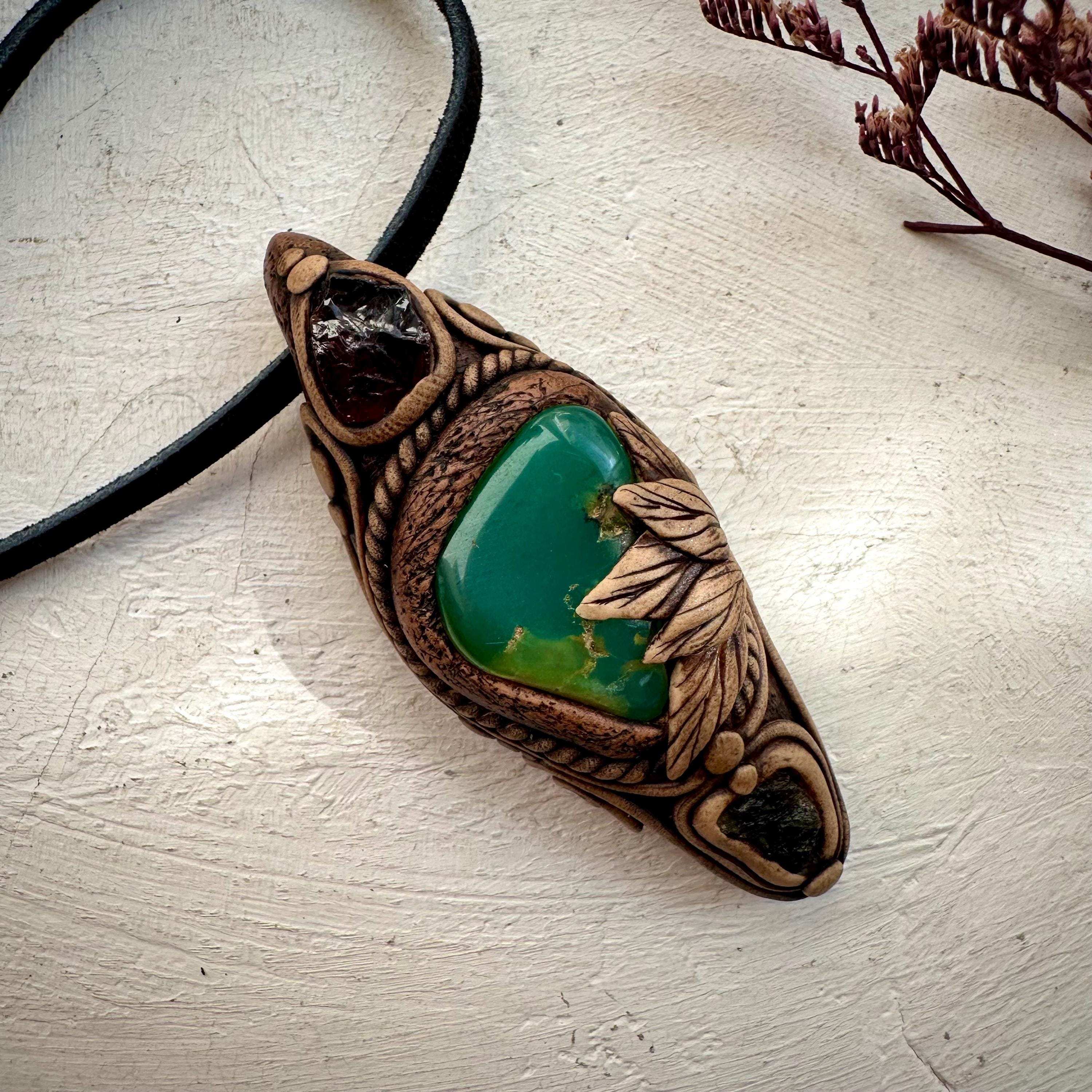 Chrysoprase Red Garnet and Moldavite Pendant - FairyGardenGlow