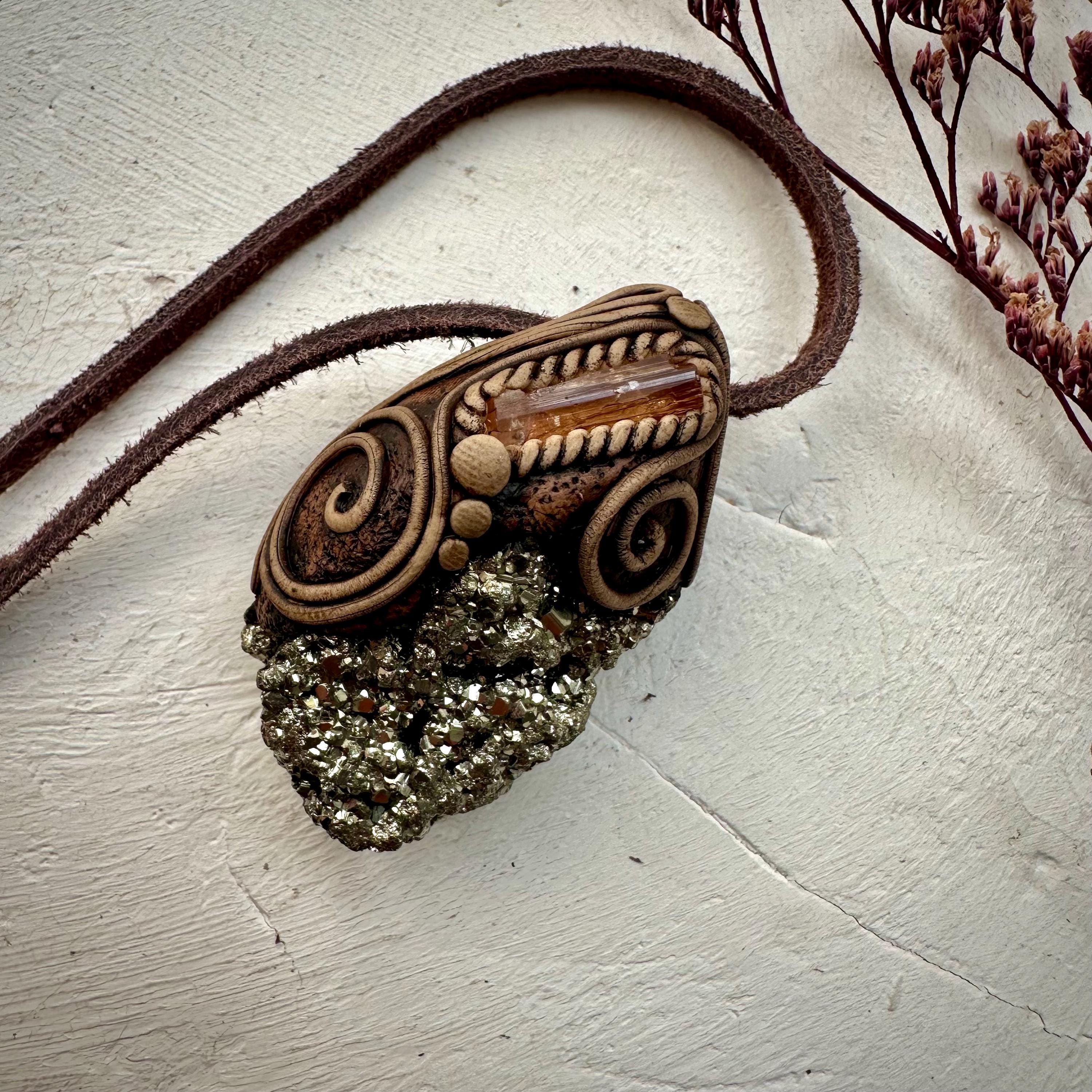 Pyrite and Imperial Topaz Pendant Necklace - FairyGardenGlow