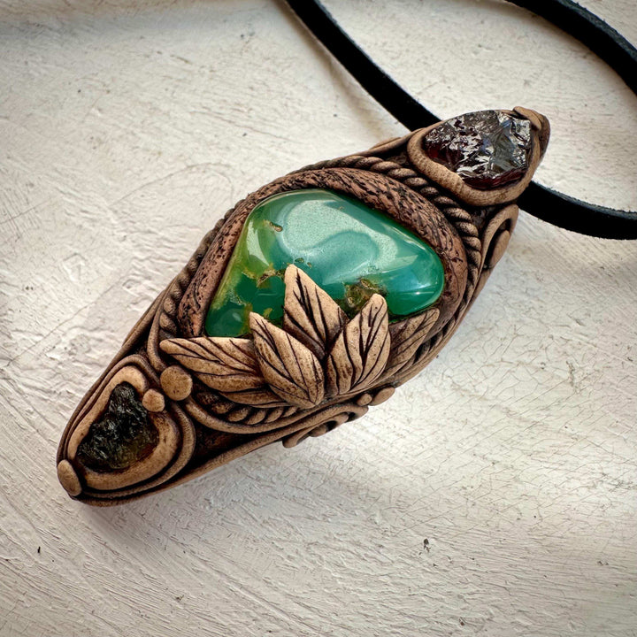 Chrysoprase Red Garnet and Moldavite Pendant - FairyGardenGlow