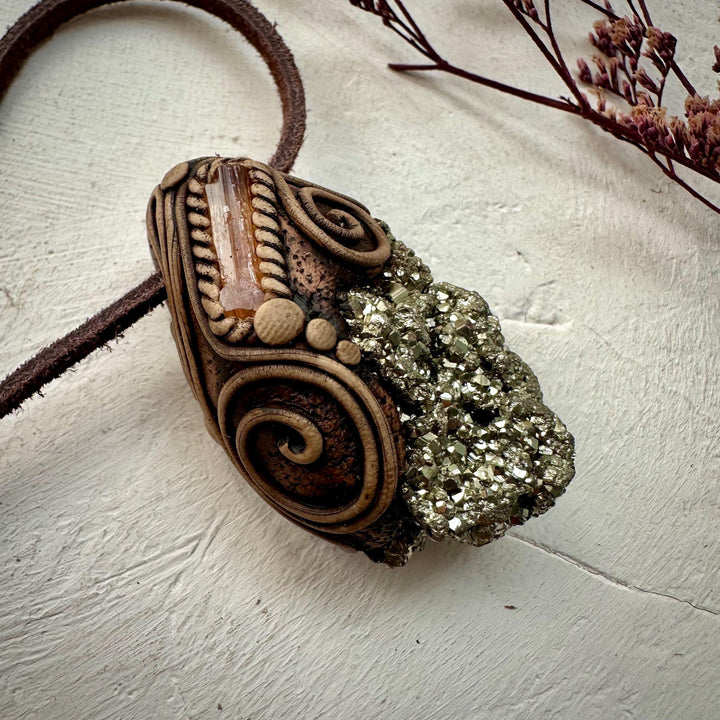 Pyrite and Imperial Topaz Pendant Necklace - FairyGardenGlow